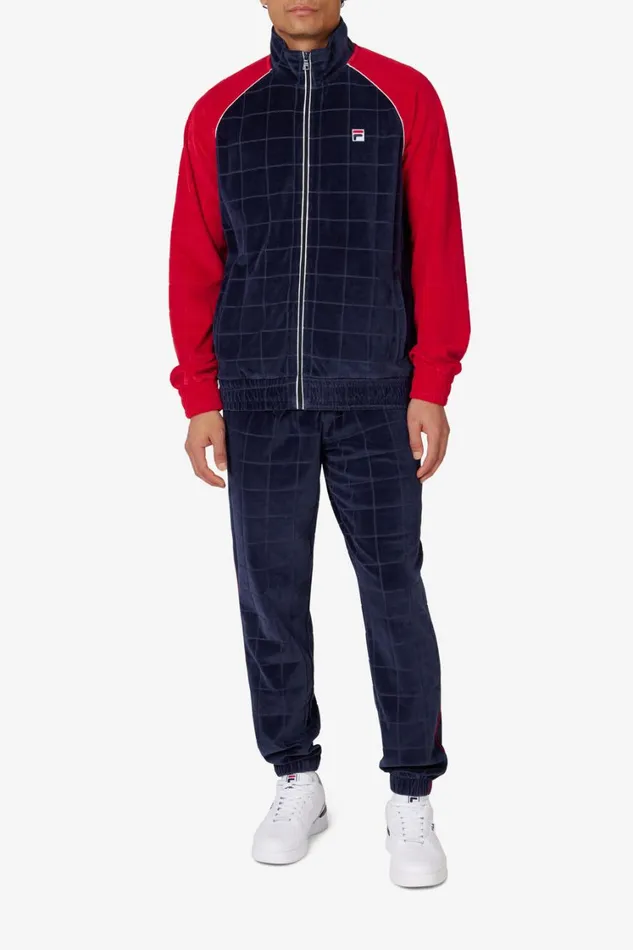 Men Coats and Jackets Fila Ivy League Debossed Check Velour Jacket 488 Fila Navy Fila Red Gardenia