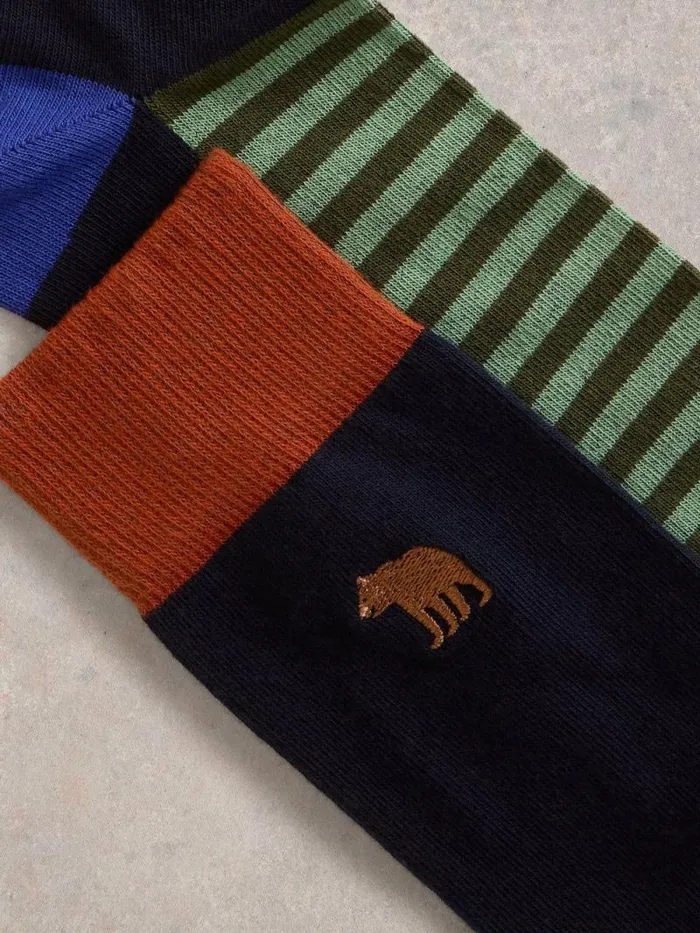 Men Embroidered Bear Ankle Sock Green Multi White Stuff Socks