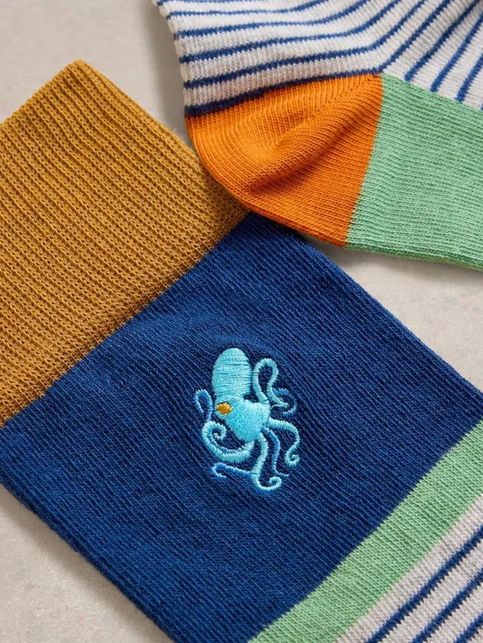 Men Embroidered Octopus Ankle Sock Blue Multi White Stuff Socks