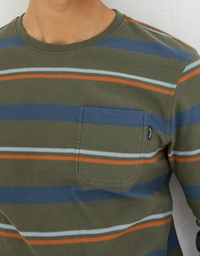 Men FatFace Men039s Sale Long Sleeve Stripe Pocket Crew Washed Green