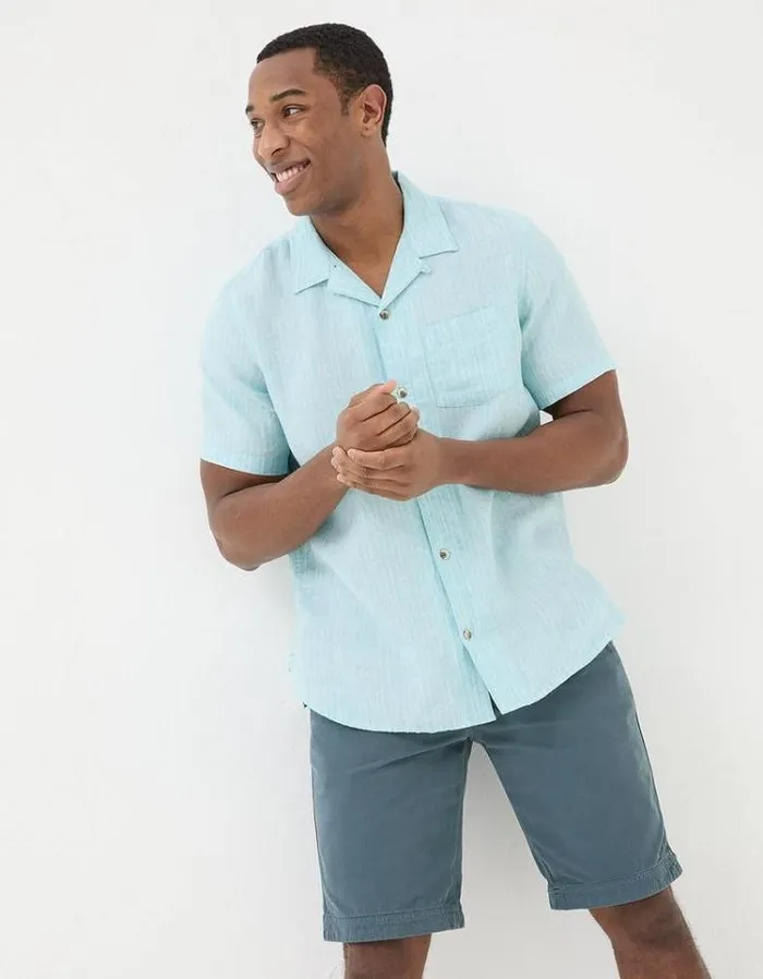 Men FatFace Vacation Shop Short Sleeve Stripe Linen Shirt Turquoise Blue