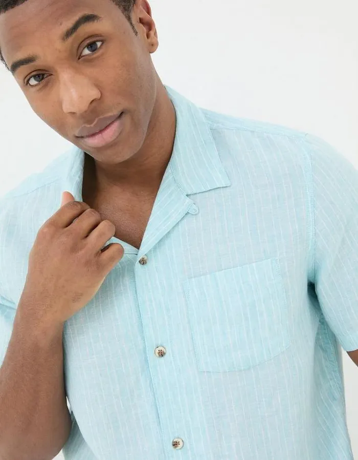 Men FatFace Vacation Shop Short Sleeve Stripe Linen Shirt Turquoise Blue