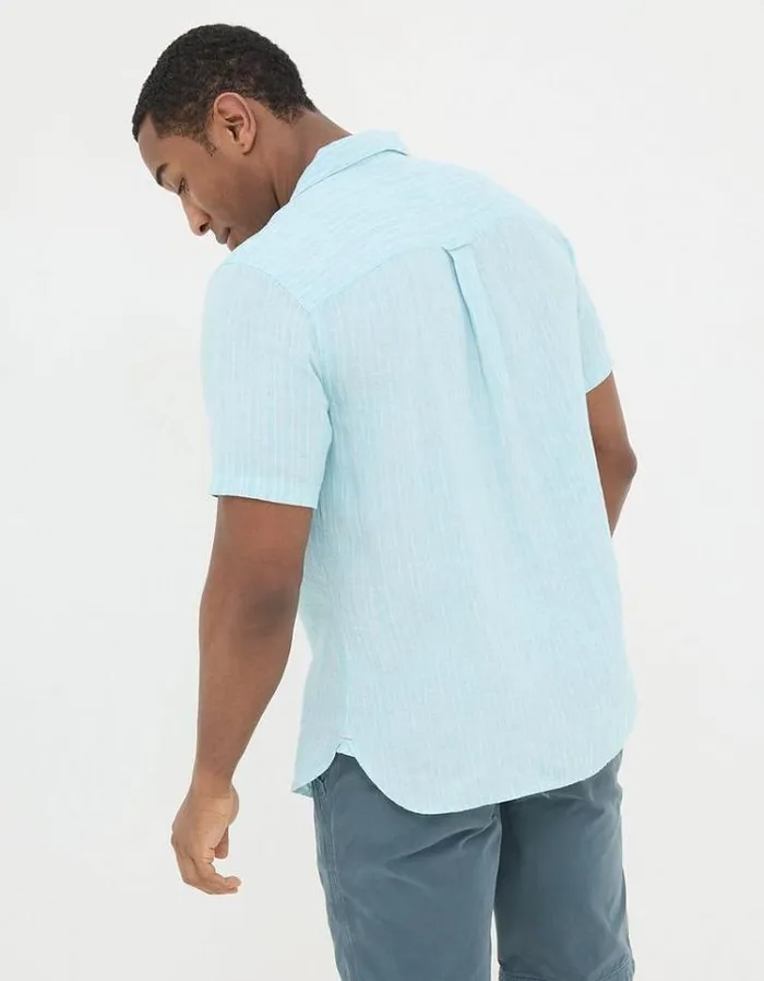 Men FatFace Vacation Shop Short Sleeve Stripe Linen Shirt Turquoise Blue