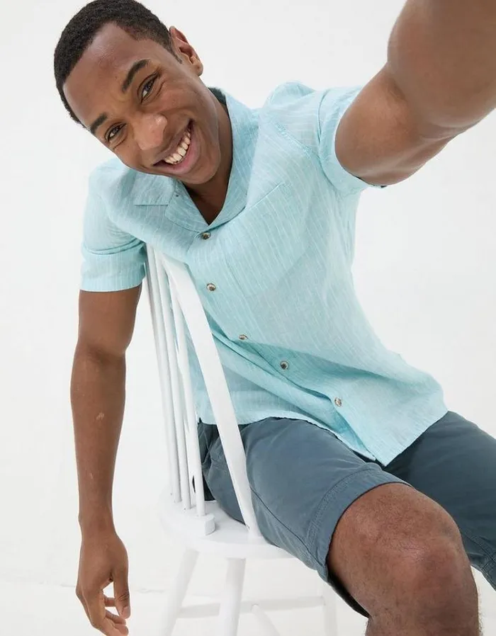 Men FatFace Vacation Shop Short Sleeve Stripe Linen Shirt Turquoise Blue
