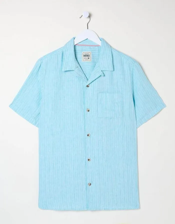 Men FatFace Vacation Shop Short Sleeve Stripe Linen Shirt Turquoise Blue