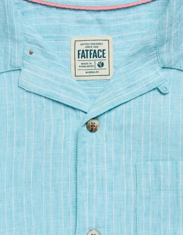 Men FatFace Vacation Shop Short Sleeve Stripe Linen Shirt Turquoise Blue