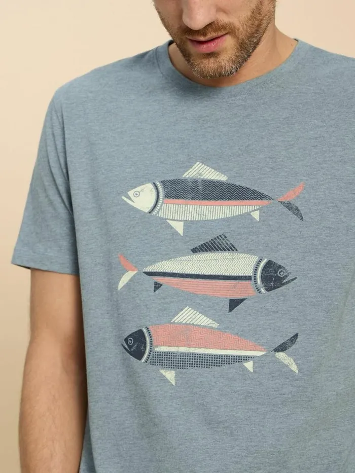 Men Fish Graphic Short Sleeve Tee Denim Print White Stuff TShirts
