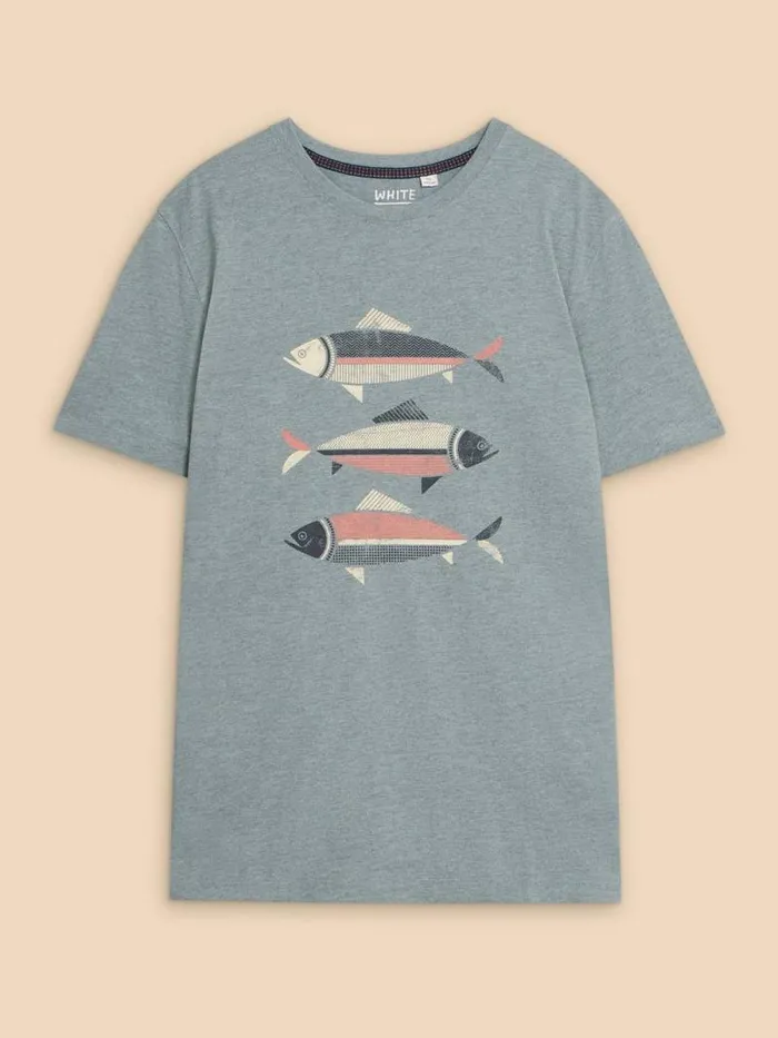 Men Fish Graphic Short Sleeve Tee Denim Print White Stuff TShirts