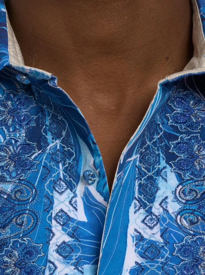 Men Long Sleeve Button Down Shirts Robert Graham LIMITED EDITION FLORAL ESCAPE BUTTON FRONT SHIRT Blue