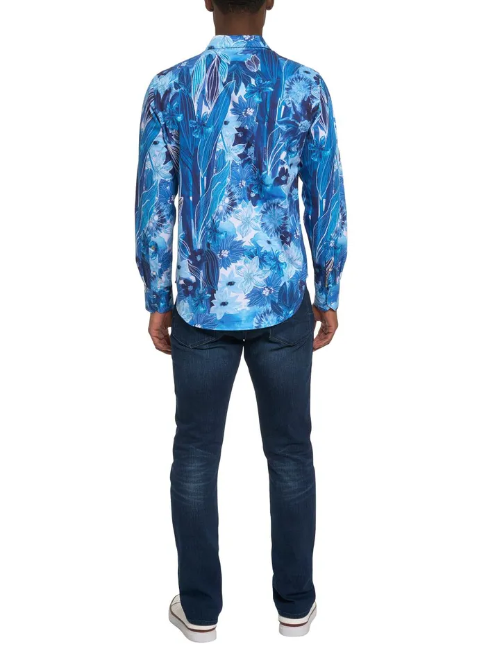 Men Long Sleeve Button Down Shirts Robert Graham LIMITED EDITION FLORAL ESCAPE BUTTON FRONT SHIRT Blue