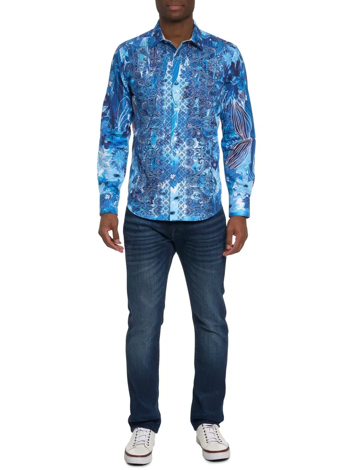 Men Long Sleeve Button Down Shirts Robert Graham LIMITED EDITION FLORAL ESCAPE BUTTON FRONT SHIRT Blue