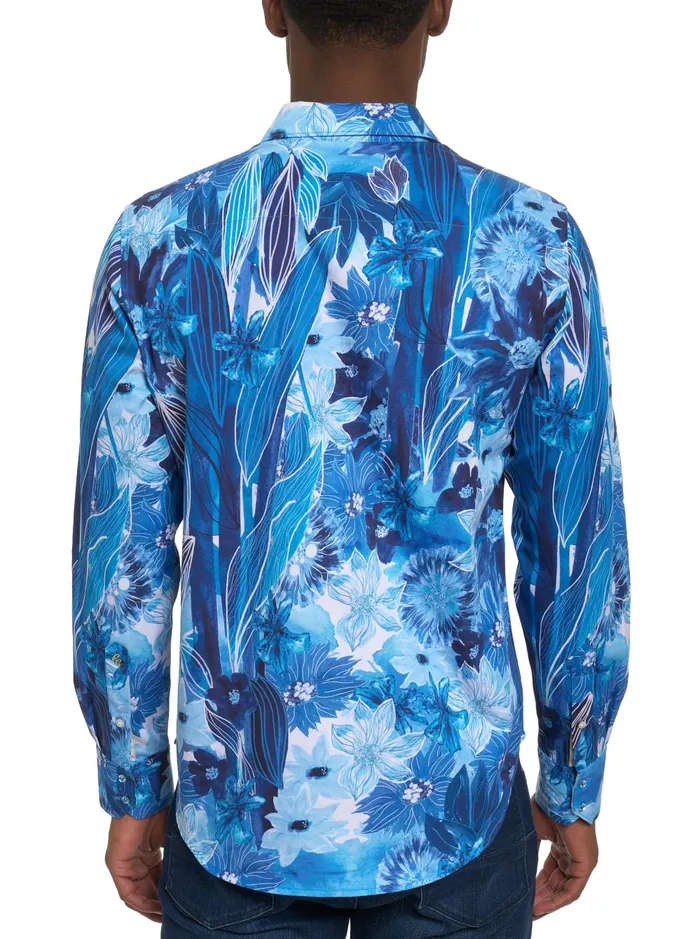 Men Long Sleeve Button Down Shirts Robert Graham LIMITED EDITION FLORAL ESCAPE BUTTON FRONT SHIRT Blue