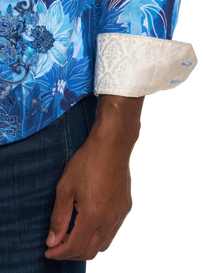 Men Long Sleeve Button Down Shirts Robert Graham LIMITED EDITION FLORAL ESCAPE BUTTON FRONT SHIRT Blue