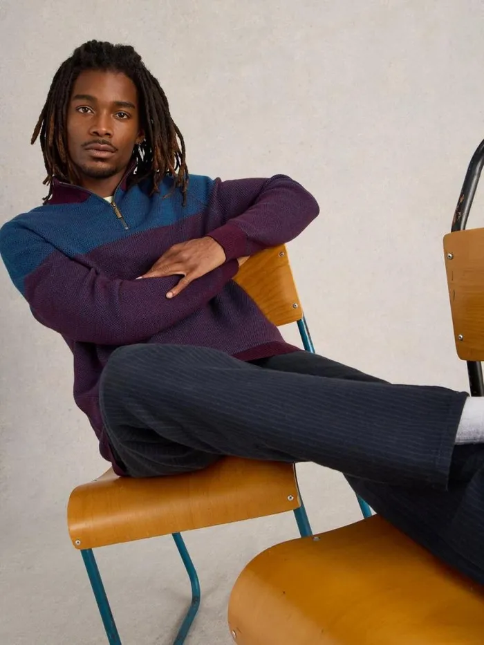 Men Newport Merino Wool Jacquard Funnel Plum Multi White Stuff Knitwear