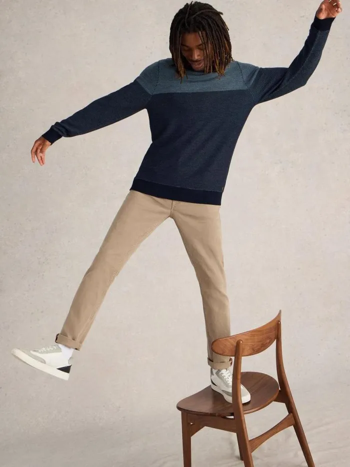 Men Newport Wool Merino Jacquard Crew Blue Multi White Stuff Knitwear