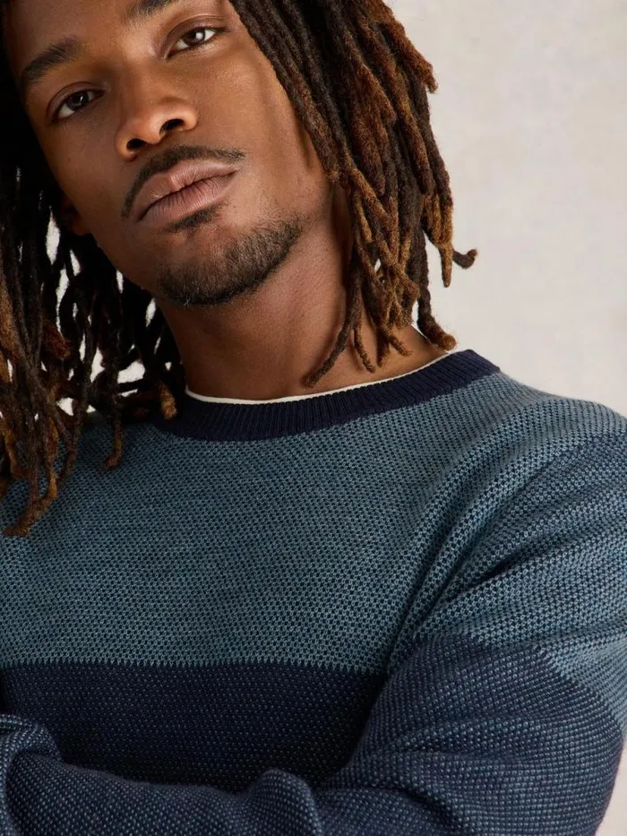 Men Newport Wool Merino Jacquard Crew Blue Multi White Stuff Knitwear