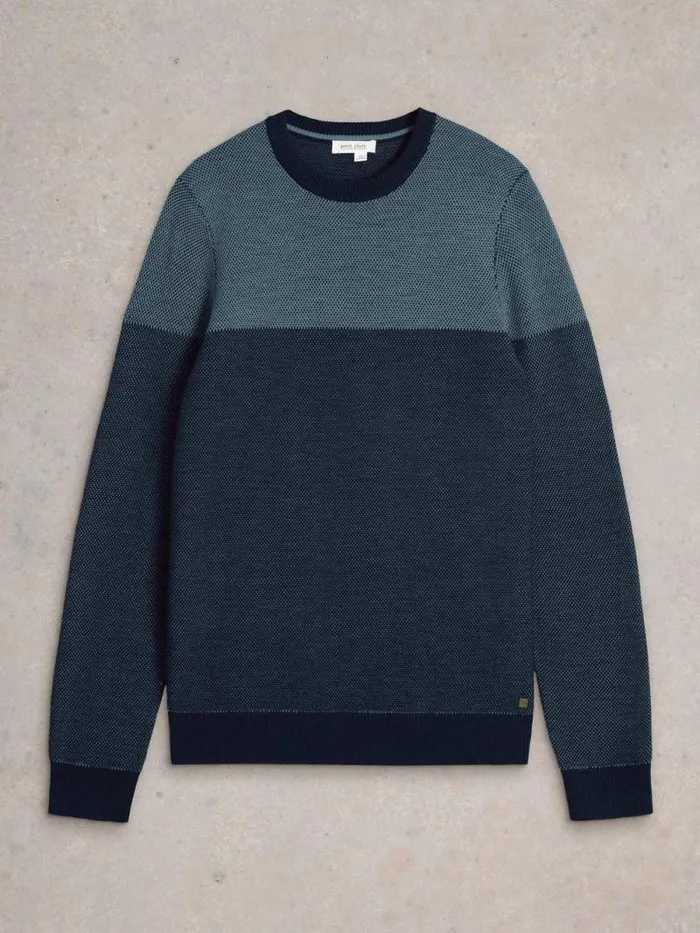 Men Newport Wool Merino Jacquard Crew Blue Multi White Stuff Knitwear