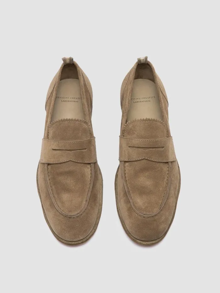 Men Officine Creative Footwear SOLITUDE 001 Taupe Suede Penny Loafers Men Officine Creative Footwear SOLITUDE 001 Taupe Suede Penny Loafers