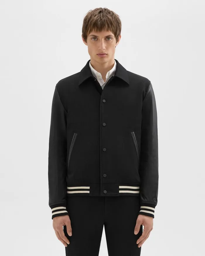 Men Theory Outerwear Varsity Jacket In Textured Gabardine Black