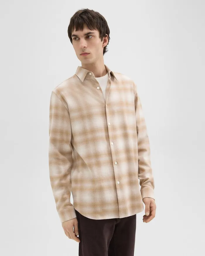 Men Theory Shirts Irving Shirt In Plaid Cotton Flannel Natural Melange
