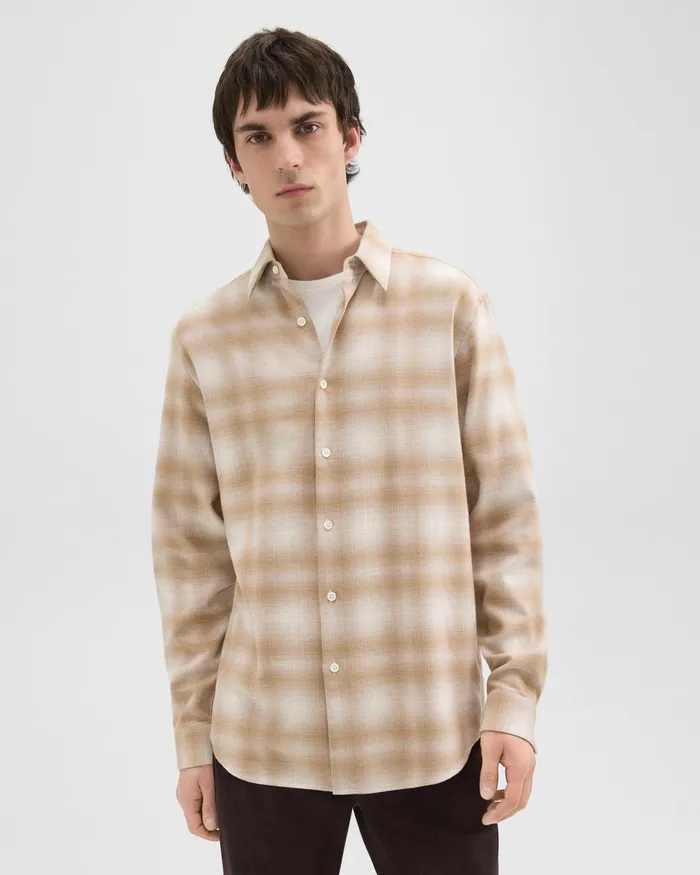 Men Theory Shirts Irving Shirt In Plaid Cotton Flannel Natural Melange