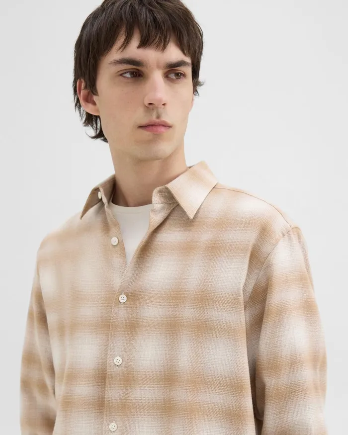 Men Theory Shirts Irving Shirt In Plaid Cotton Flannel Natural Melange