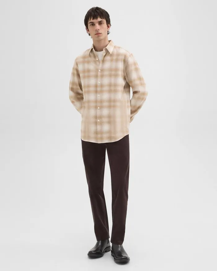 Men Theory Shirts Irving Shirt In Plaid Cotton Flannel Natural Melange