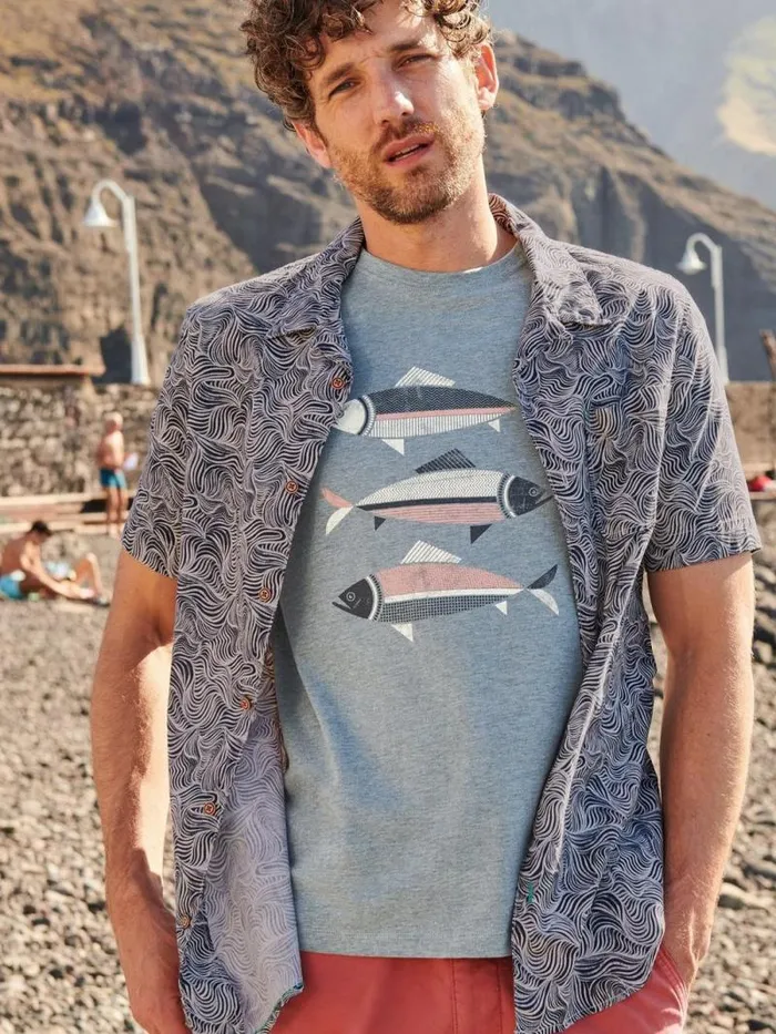 Men Waves Printed SS Shirt Navy Print White Stuff Shirts