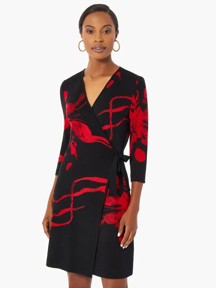 Misook Brushstroke Pattern Knit Faux Wrap Dress Women Dresses