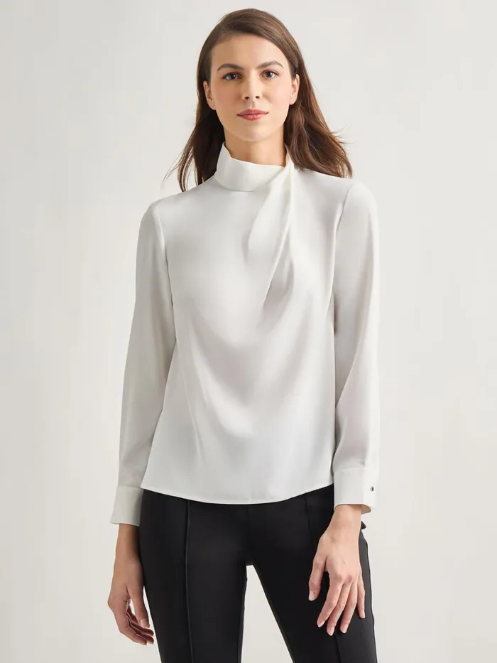 Misook Draped Crepe De Chine Mock Neck Blouse Women Tops and Tees
