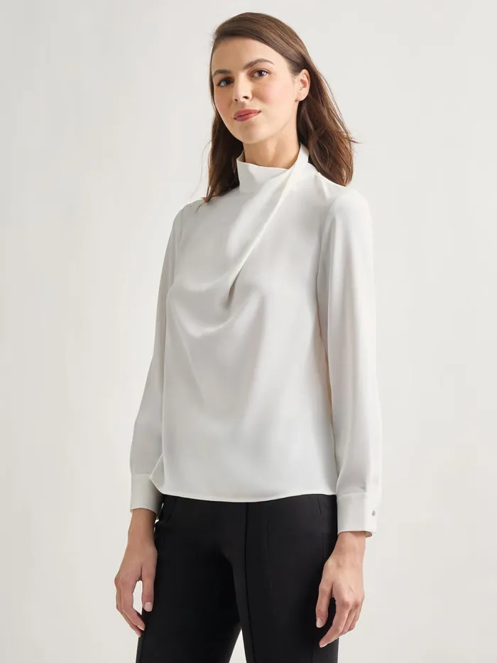 Misook Draped Crepe De Chine Mock Neck Blouse Women Tops and Tees
