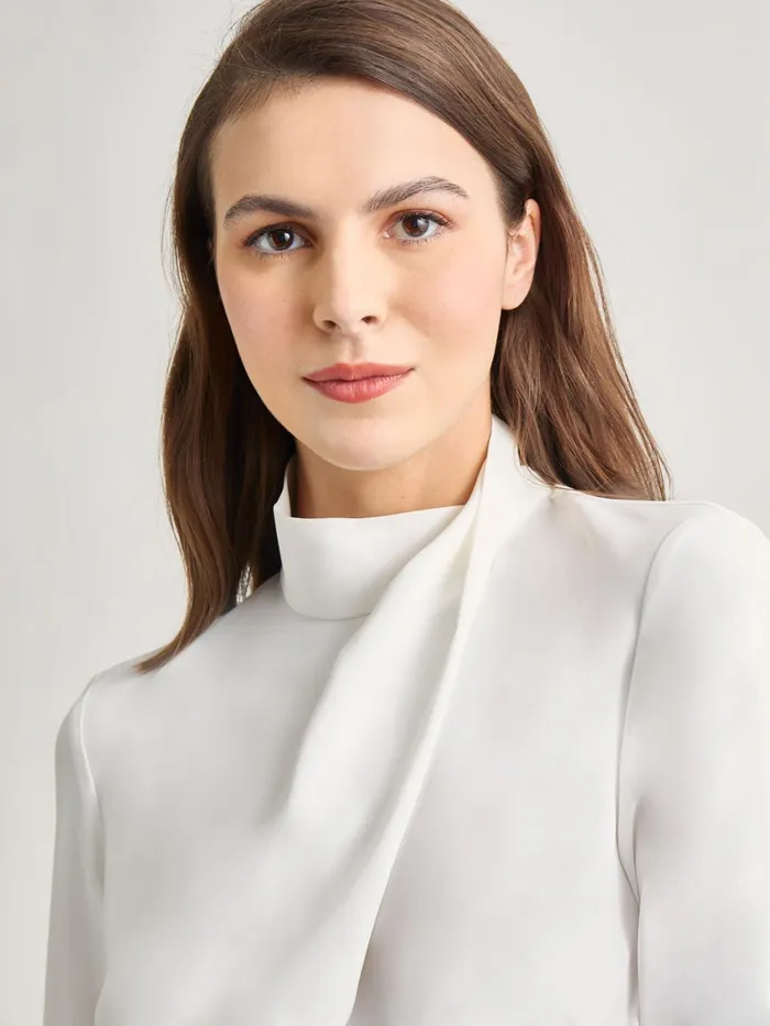 Misook Draped Crepe De Chine Mock Neck Blouse Women Tops and Tees
