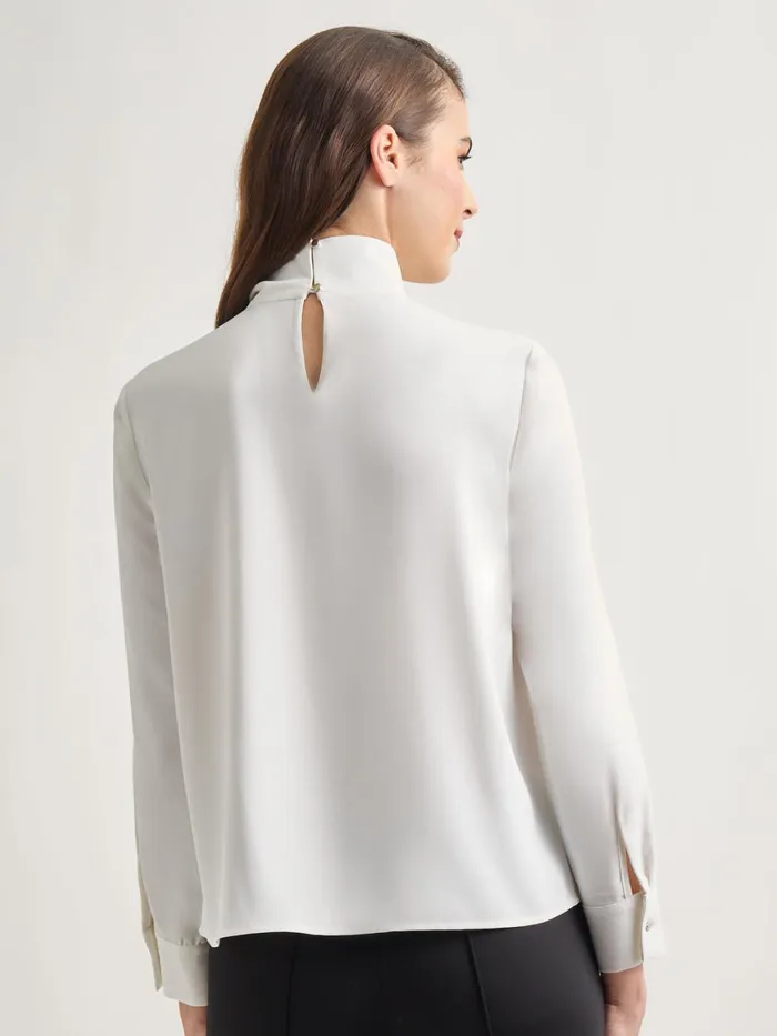 Misook Draped Crepe De Chine Mock Neck Blouse Women Tops and Tees