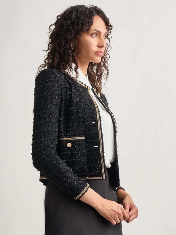 Misook Heritage Fit Double Chain Trim Eyelash Knit Jacket Women Jackets and Coats Misook Heritage Fit Double Chain Trim Eyelash Knit Jacket Women Jackets and Coats