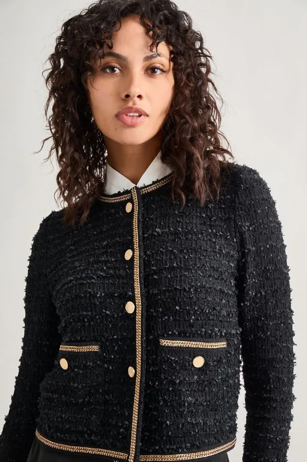 Misook Heritage Fit Double Chain Trim Eyelash Knit Jacket Women Jackets and Coats Misook Heritage Fit Double Chain Trim Eyelash Knit Jacket Women Jackets and Coats