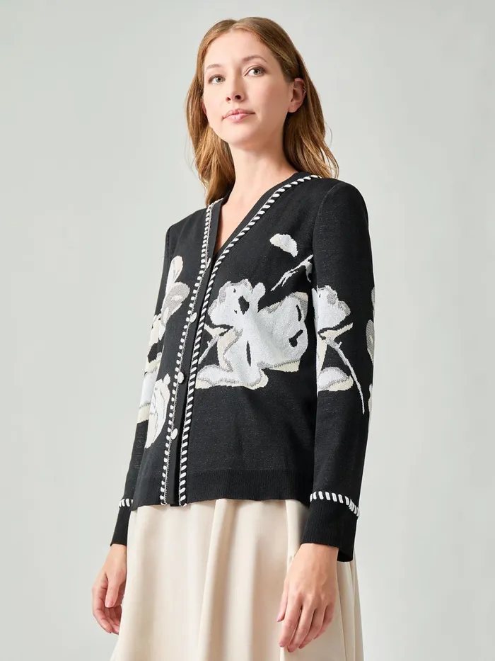 Misook Heritage Whipstitch Trim Floral Knit Cardigan Women Jackets and Coats Misook Heritage Whipstitch Trim Floral Knit Cardigan Women Jackets and Coats