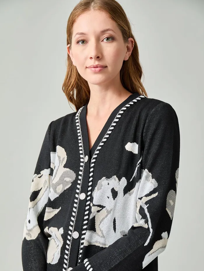 Misook Heritage Whipstitch Trim Floral Knit Cardigan Women Jackets and Coats Misook Heritage Whipstitch Trim Floral Knit Cardigan Women Jackets and Coats