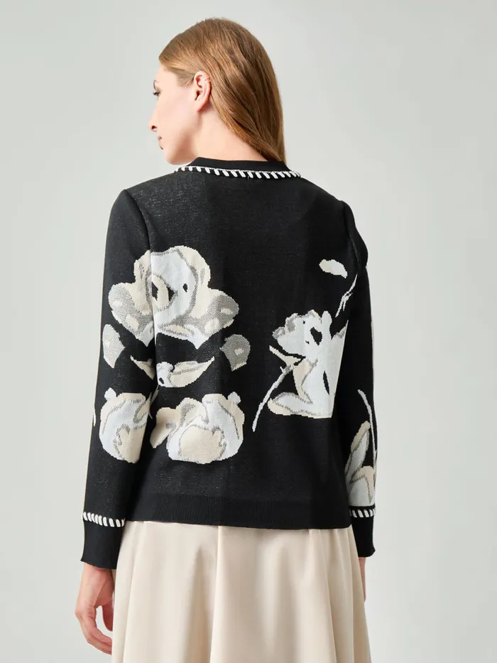 Misook Heritage Whipstitch Trim Floral Knit Cardigan Women Jackets and Coats Misook Heritage Whipstitch Trim Floral Knit Cardigan Women Jackets and Coats