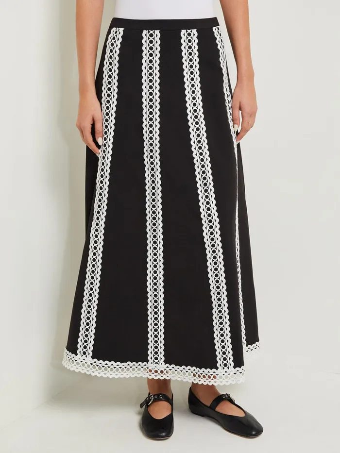 Misook Maxi ALine Skirt 8211 Eyelet Trim Woven Twill Women Skirts