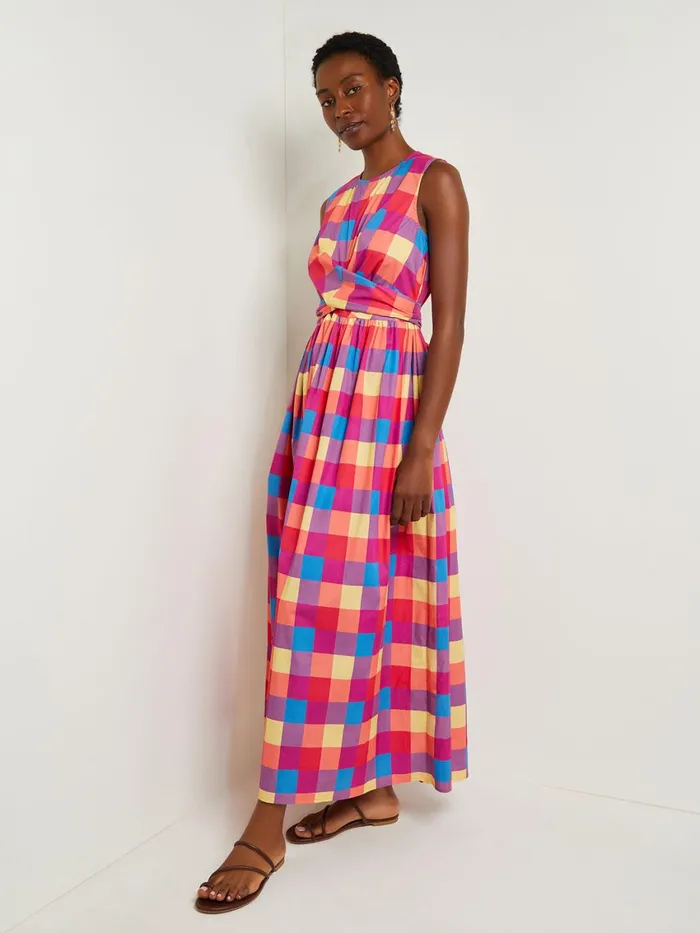 Misook Maxi Tie Waist Dress 8211 Plaid Cotton Blend Women Dresses