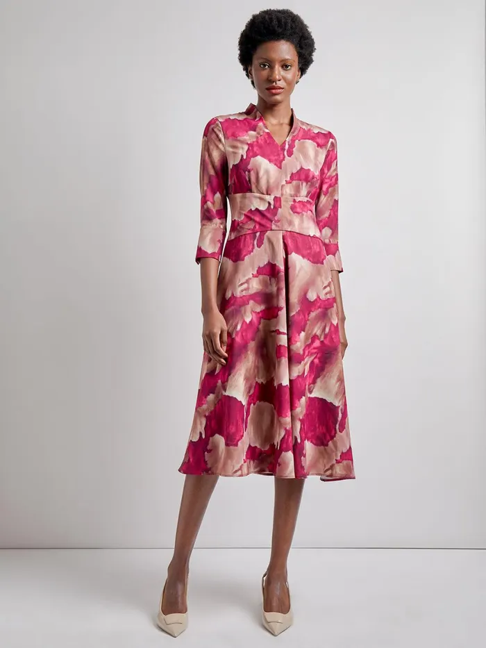 Misook Modern Fit and Flare Woven Watercolor Print Midi Dress Women Dresses