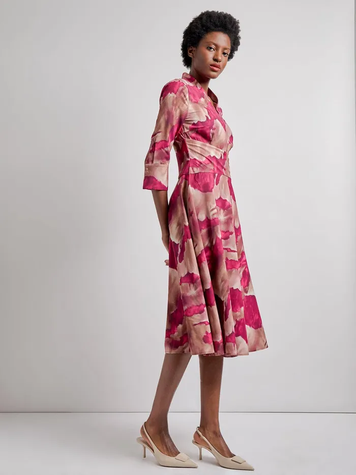 Misook Modern Fit and Flare Woven Watercolor Print Midi Dress Women Dresses Misook Modern Fit and Flare Woven Watercolor Print Midi Dress Women Dresses