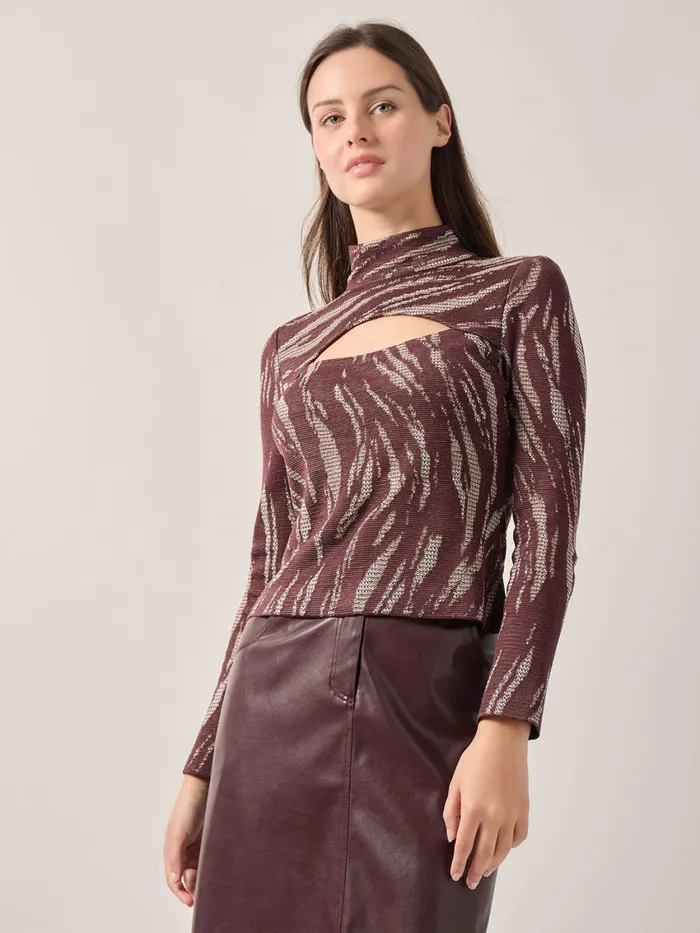 Misook Modern Fit Oval Front Cutout Jacquard Knit Top Women Tops and Tees