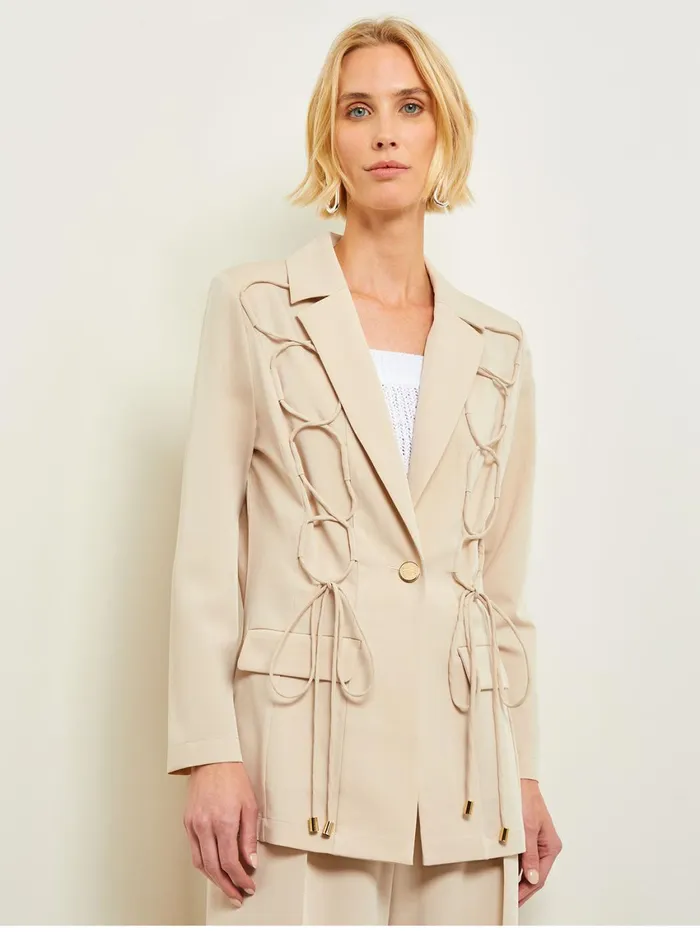 Misook Modern Fit Single Button Jacket 8211 Lace Tie Detail Woven Women Jackets and Coats