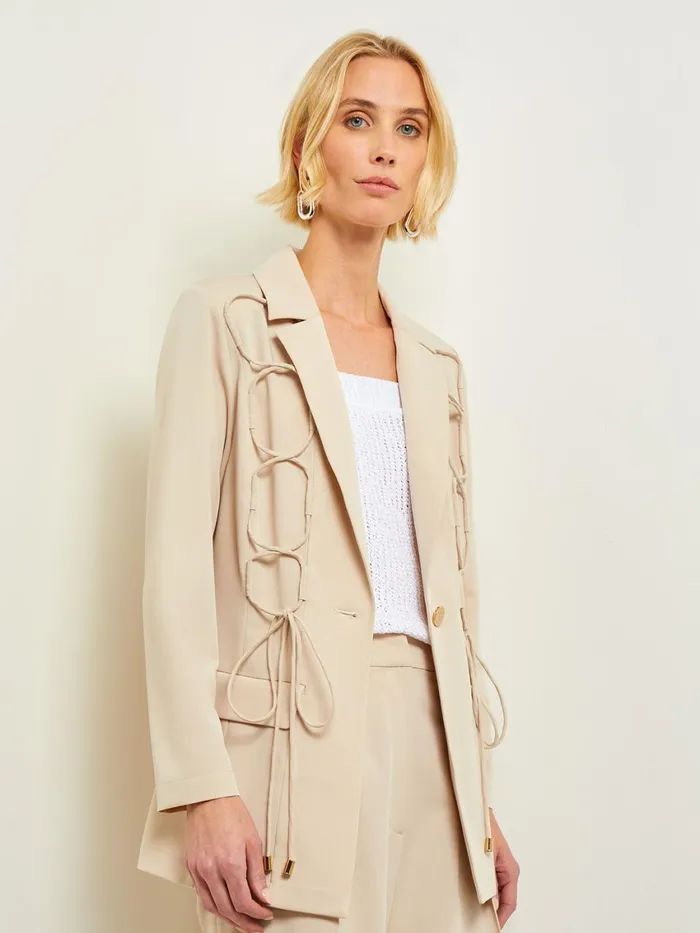Misook Modern Fit Single Button Jacket 8211 Lace Tie Detail Woven Women Jackets and Coats