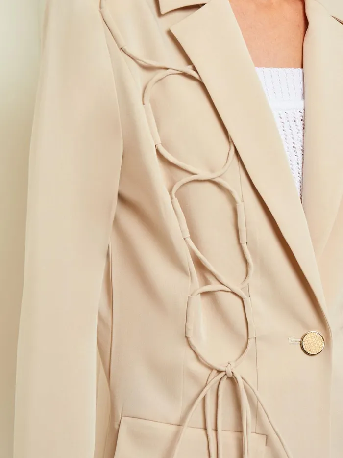 Misook Modern Fit Single Button Jacket 8211 Lace Tie Detail Woven Women Jackets and Coats