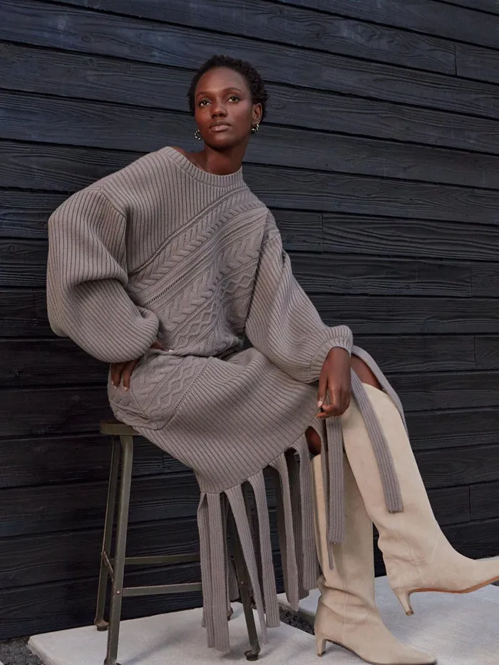 Misook Oversized Cable Knit Wool Blended Sheath Maxi Dress Women Dresses
