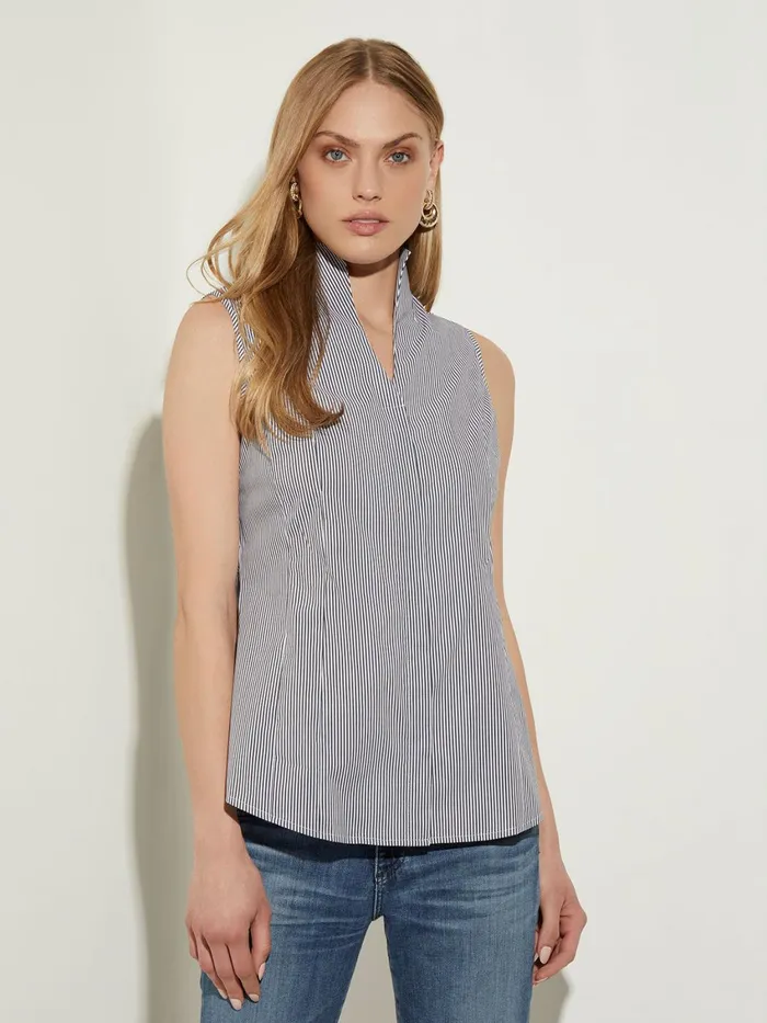 Misook Pinstripe Sleeveless Stretch Cotton Blouse BlackWhite Women Tops and Tees