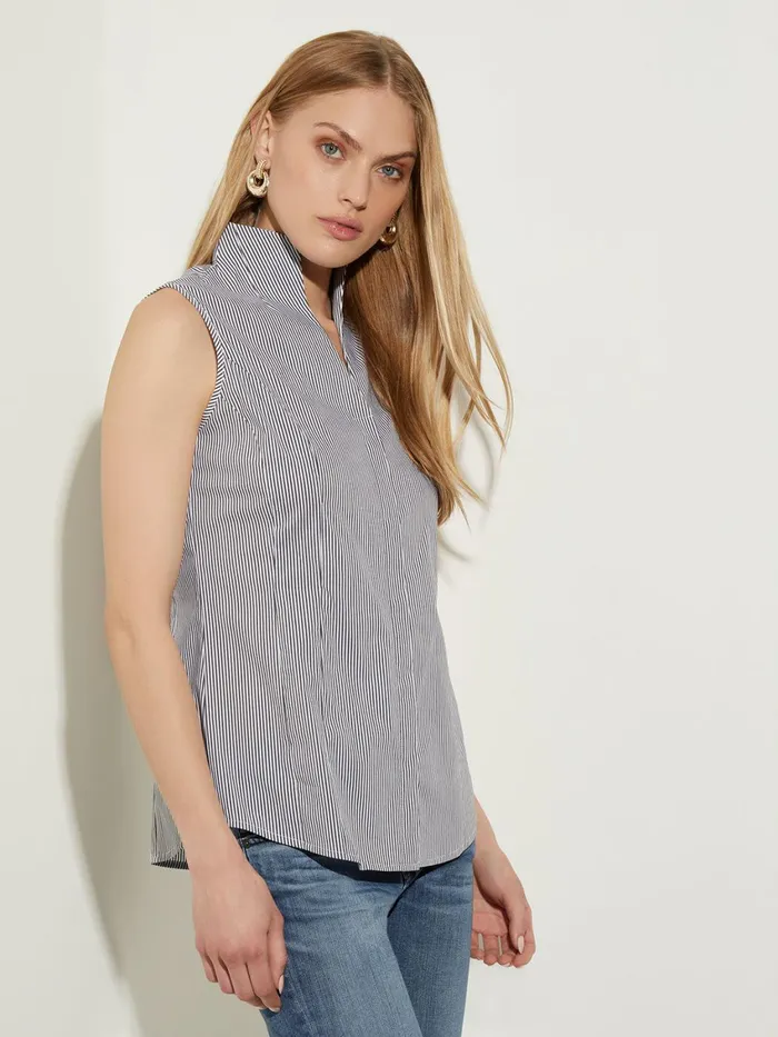 Misook Pinstripe Sleeveless Stretch Cotton Blouse BlackWhite Women Tops and Tees