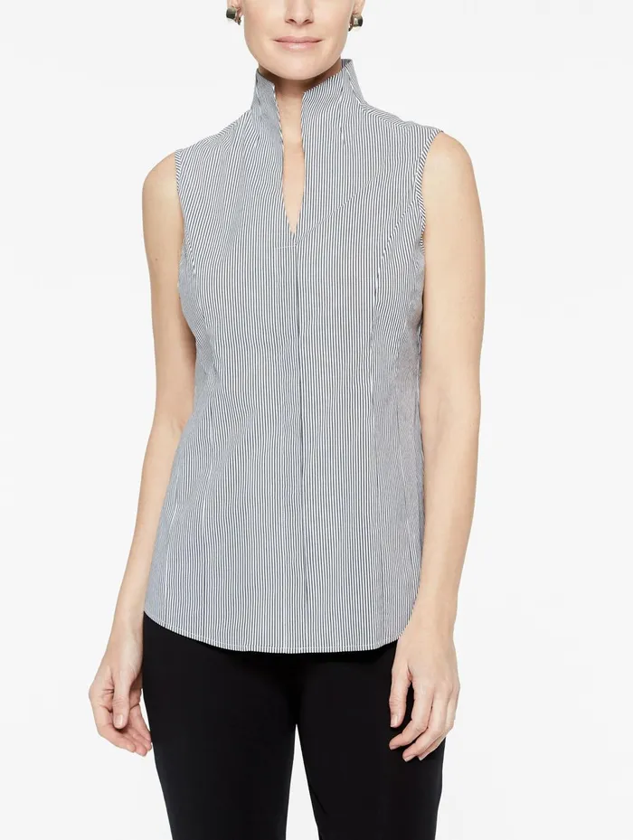 Misook Pinstripe Sleeveless Stretch Cotton Blouse BlackWhite Women Tops and Tees